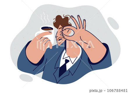 Sleepy man holding mug of coffee and opening eye with hand, in need of rest or break Sleepy man holding mug of coffee and opening eye with hand, in need of rest or break 106788481