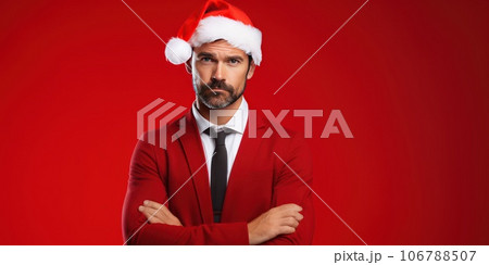 Smiling caucasian businessman in santa hat on blue background. Smiling caucasian businessman in santa hat on blue background. 106788507