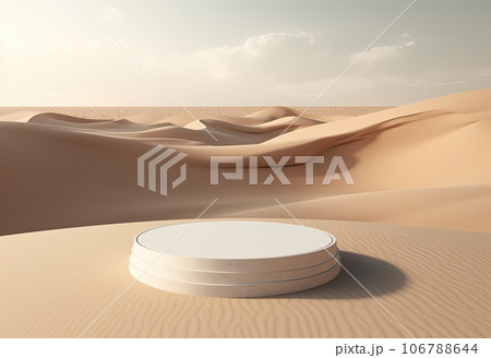 Podium on sand background. Display with sunshade and shadow on the background for cosmetic perfume fashion natural product. Generative AI. 106788644