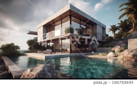 Design house - modern villa with open plan living and private bedroom wing. Large terrace with privacy and, swimming pool. Generative AI. 106788695