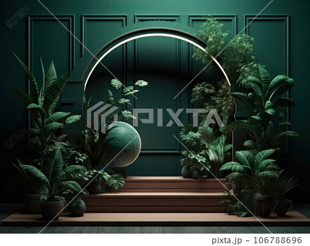 Green podium in modern tropical background for product placement 3d render. AI Generative 106788696