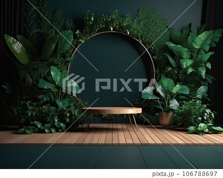 Green podium in modern tropical background for product placement 3d render. AI Generative 106788697