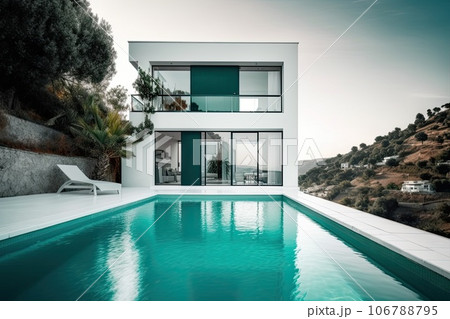 Design house - modern villa with open plan living and private bedroom wing. Large terrace with privacy and, swimming pool. Generative AI. 106788795