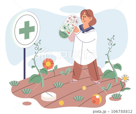 Herbal medicine and homeopathy healthcare and health treatment. Scientist growing medicinal plants picking leaves in garden bed. Using healing power of flowers and herbs. Organic cure and aromatherapy 106788812