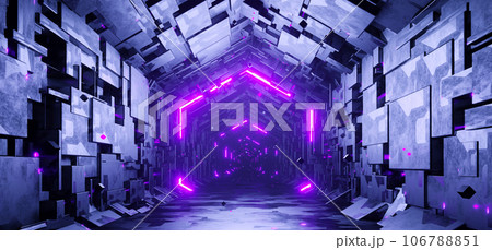 Sci-fi hexagonal empty tunnel with glowing neon particles background 106788851
