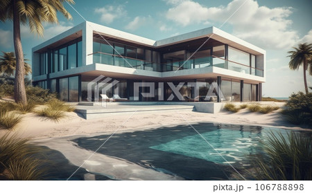 Design house - modern villa with open plan living and private bedroom wing. Large terrace with privacy and, swimming pool. Generative AI. 106788898