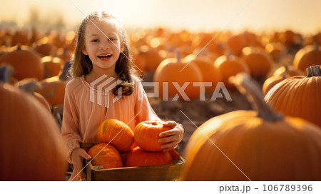 girl with orange pumpkins in the field girl with orange pumpkins in the field 106789396