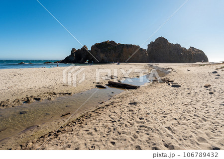 Rock at Pfeiffer Beach in Big Sur, California, at riparian area, Montrey, Pacific 106789432