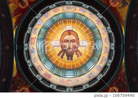 Portrait of Jesus Christ, stained glass Cathedral ceiling Portrait of Jesus Christ, stained glass Cathedral ceiling 106789490