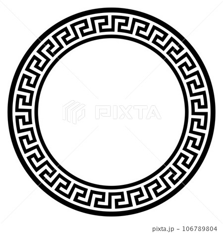 round frame with ancient Greek ornament - black and white vector illustration of decorated circle, isolated on white round frame with ancient Greek ornament - black and white vector illustration of decorated circle, isolated on white 106789804