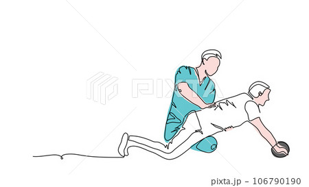 Spine, back rehabilitation therapy. Physiotherapy treatment vector illustration. One continuous line art drawing of spine rehabilitation Spine, back rehabilitation therapy. Physiotherapy treatment vector illustration. One continuous line art drawing of spine rehabilitation 106790190