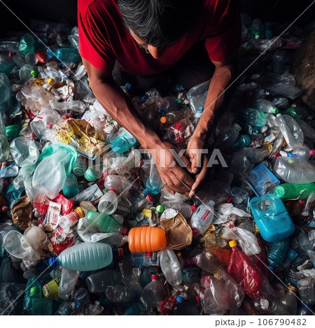 Hands of a man sorting plastic bottles 106790482