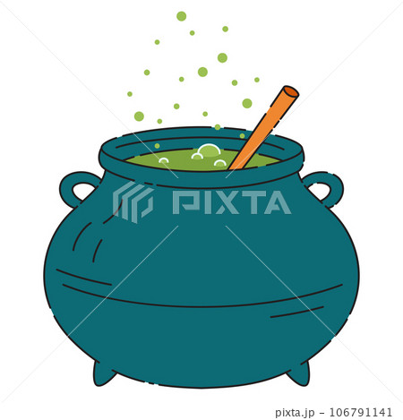 Witch cauldron with bubbling green liquid. Magic potion. Symbol of witchcraft. Traditional halloween element. 106791141