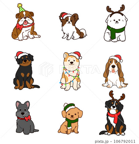 正面を向いてお座りするクリスマス仕様の可愛い犬のイラストセット　主線あり 106792011