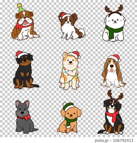 正面を向いてお座りするクリスマス仕様の可愛い犬のイラストセット　主線あり 106792011