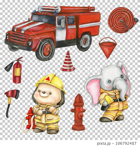 Watercolor Fireanimals and fire equipment set. Hand drawn cartoont funny illustration. Fire extinguisher, fire hose, bucket, car. For design invitations, poster, nursery clipart. Watercolor Fireanimals and fire equipment set. Hand drawn cartoont funny illustration. Fire extinguisher, fire hose, bucket, car. For design invitations, poster, nursery clipart. 106792487