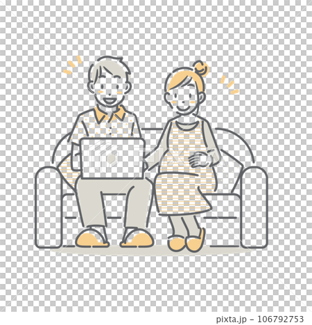 A young couple doing research together on a computer. Pregnancy. Simple and stylish line drawing illustration. 106792753