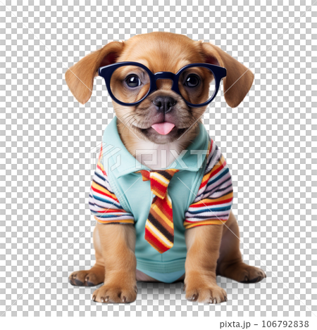 Funny dog in glasses and clothes on a transparent background. 106792838
