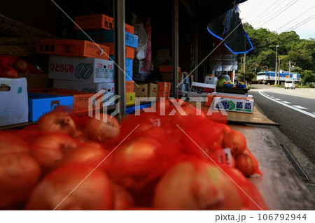 取れ立ての野菜が並ぶ八百屋と列車 取れ立ての野菜が並ぶ八百屋と列車 106792944