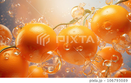 Translucent orange slice with water bubbles. Created by AI 106793089