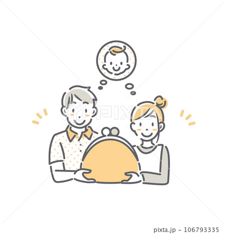 お金の悩みが解決して安心する若い夫婦　シンプルでお洒落な線画イラスト 106793335