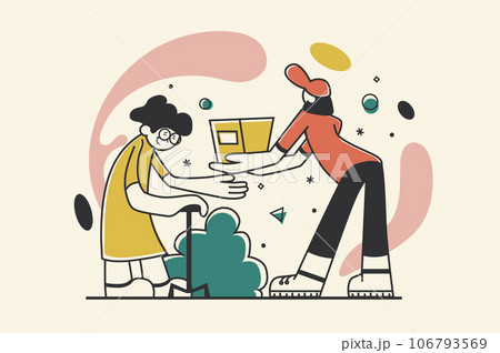 Humanitarian support concept with people scene in flat retro design for web. Volunteer give food or medical box to refugee older woman. Vector illustration for social media banner, marketing material. 106793569