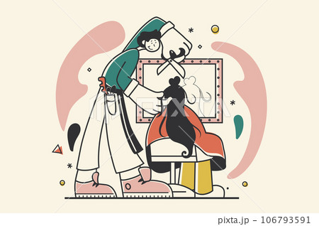 Beauty salon concept with people scene in flat retro design for web. Hairdresser doing haircut and hairstyle to woman client by mirror. Vector illustration for social media banner, marketing material. Beauty salon concept with people scene in flat retro design for web. Hairdresser doing haircut and hairstyle to woman client by mirror. Vector illustration for social media banner, marketing material. 106793591