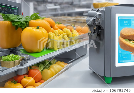 Fruit and vegetables on a conveyor belt at a food factory Fruit and vegetables on a conveyor belt at a food factory 106793749