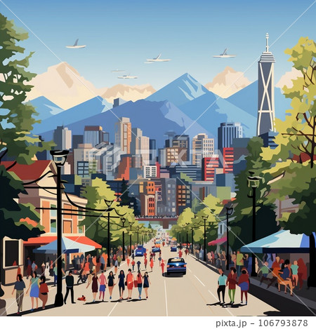 Bustling Vancouver Street with Colorful Shops and Vibrant Street Art Bustling Vancouver Street with Colorful Shops and Vibrant Street Art 106793878