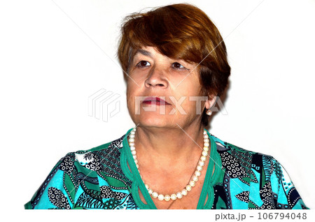 Portrait of Russian 67 years old woman looking away on white background 106794048