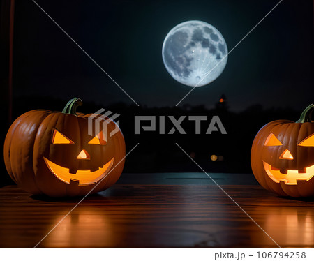 ハロウィンの不気味な月夜とかぼちゃランタン　「AI生成画像」 106794258