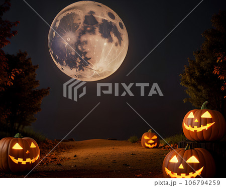 ハロウィンの月夜と光るジャックオランタン　「AI生成画像」 106794259