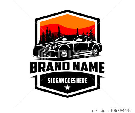 car logo. isolated white background appears from the side with a view of the forest and twilight. best for badges, emblems, car industry. available in eps 10 106794446