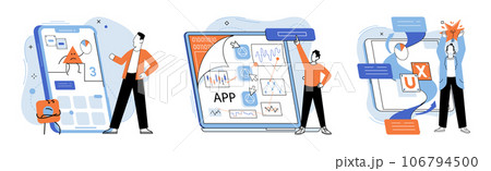 Application testing metaphor. Vector illustration. Application testing, audit that every software must pass App test, endurance test for evaluating apps resilience Software testing, sweep that keeps Application testing metaphor. Vector illustration. Application testing, audit that every software must pass App test, endurance test for evaluating apps resilience Software testing, sweep that keeps 106794500