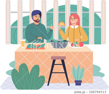 People cooking vegetarian food. Vector illustration. Man and woman with children preparing food for dinner. People cooking. Husband and wife are preparing together. Indian man and woman in the kitchen People cooking vegetarian food. Vector illustration. Man and woman with children preparing food for dinner. People cooking. Husband and wife are preparing together. Indian man and woman in the kitchen 106794513