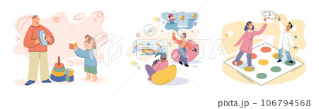 Game together. Family fun. Friendship time. Vector illustration. Family time dedicated to playing games time well spent Board games serve as bridge between generations, connecting young and old Game together. Family fun. Friendship time. Vector illustration. Family time dedicated to playing games time well spent Board games serve as bridge between generations, connecting young and old 106794568
