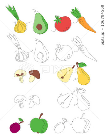 Fruits and vegetables in continuous line art drawing style. Minimalist black linear sketch and color options isolated on white background. Vector illustration Fruits and vegetables in continuous line art drawing style. Minimalist black linear sketch and color options isolated on white background. Vector illustration 106794569