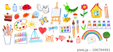 Child drawings of art supplies and doodles 106794991