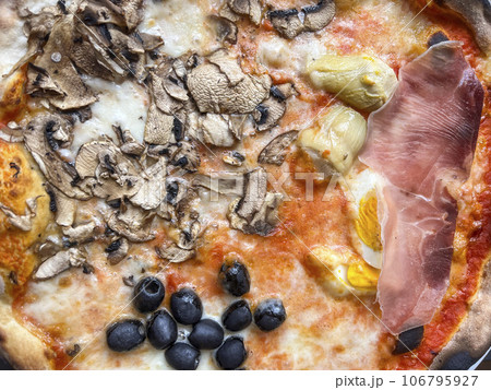 top view pizza with mushroom and olives top view pizza with mushroom and olives 106795927