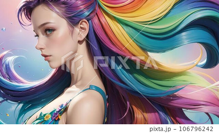 イラスト素材(水彩)：カラフルで美しい女性の横顔【AI生成画像