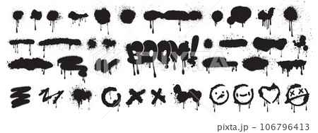 Spray graffiti element set, vector can splatter brush drip freehand kit, urban street black grunge Spray graffiti element set, vector can splatter brush drip freehand kit, urban street black grunge 106796413