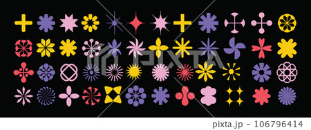 Geometric abstract flower shape set, vector funky star figure icon kit, retro brutal minimal art. Geometric abstract flower shape set, vector funky star figure icon kit, retro brutal minimal art. 106796414