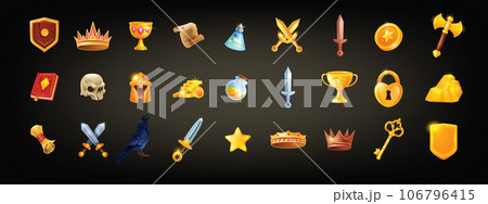 Game icon set, UI dungeon and dragon RPG badge kit, vector medieval magic warrior collection.  106796415