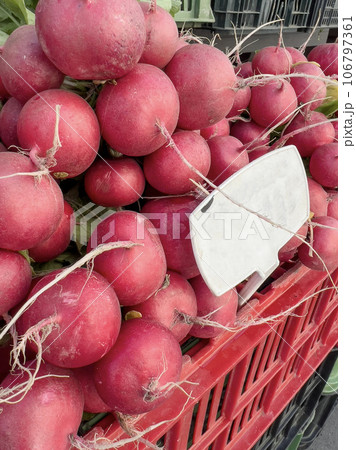 radishes on market with blank label tag 106797361