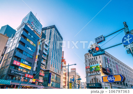 日本の東京都市景観 希望の時代へ・脱マスク…。（賑わう）浅草駅などを望む 106797363