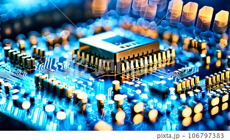 Illustration a close up of a machine working on a microcircuit microprocessor chip Illustration a close up of a machine working on a microcircuit microprocessor chip 106797383