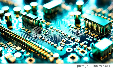 Illustration a close up of a machine working on a microcircuit microprocessor chip 106797384