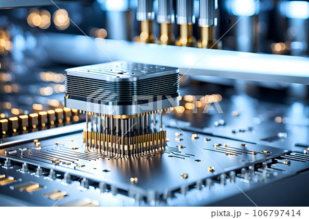 Illustration a close up of a machine working on a laser microprocessor chip 106797414