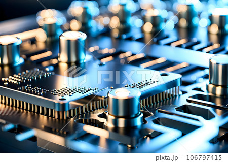 Illustration a close up of a machine working on a laser microprocessor chip Illustration a close up of a machine working on a laser microprocessor chip 106797415