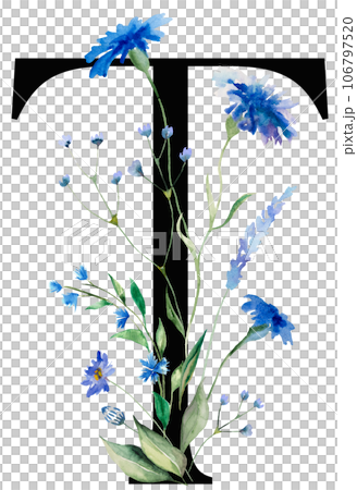 Black letter T with watercolor blue cornflowers and wildflowers bouquet, Summer wedding element 106797520